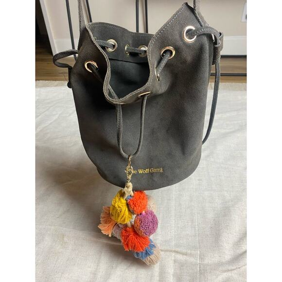 ANTHROPOLOGIE Wolf Gang Gray Leather Bucket Bag Drawstring Crossbody Bag - Picture 1 of 14